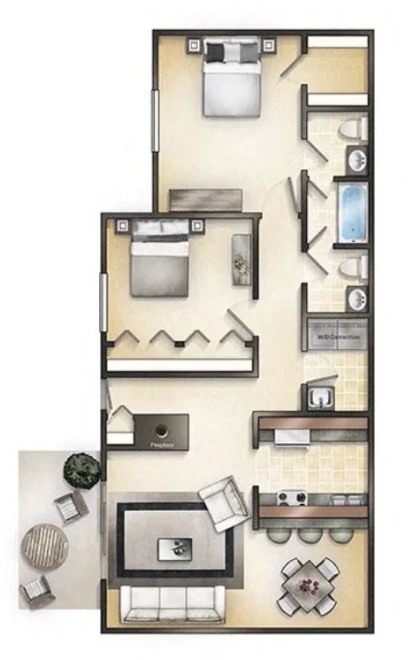 Floor plan for 2 beds, 2 baths, 1099 sqft